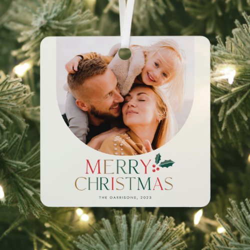 Simple 2 Photo Arch Colorful Merry Christmas Metal Ornament