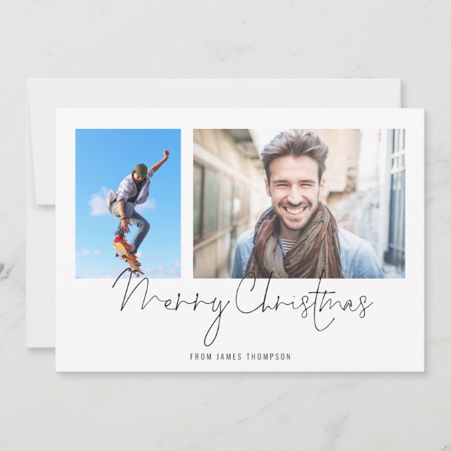 Simple 2 Photo Collage Name Merry Christmas Holiday Card (Front)
