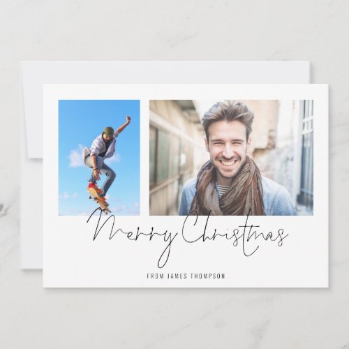 Simple 2 Photo Collage Name Merry Christmas Holiday Card