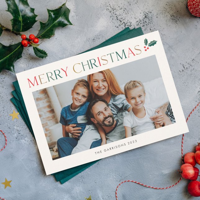 Simple 2 Photo Colorful Merry Christmas Holiday Card (Colorful Merry Christmas Holiday Card with Horizontal Photo and Holly Branch Accent.)
