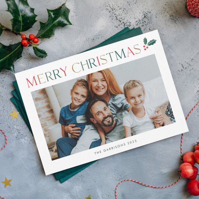 Simple 2 Photo Colorful Merry Christmas Holiday Card (Colorful Merry Christmas Holiday Card with Horizontal Photo and Holly Branch Accent.)
