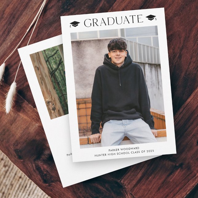 Simple 2 Photo Graduation Announcement (Simple black and white cap 2 photo graduation announcements.)
