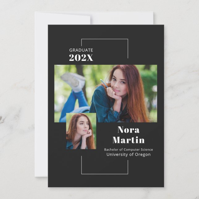 Simple 2 Photo Graduation Black White Announcement (Front)