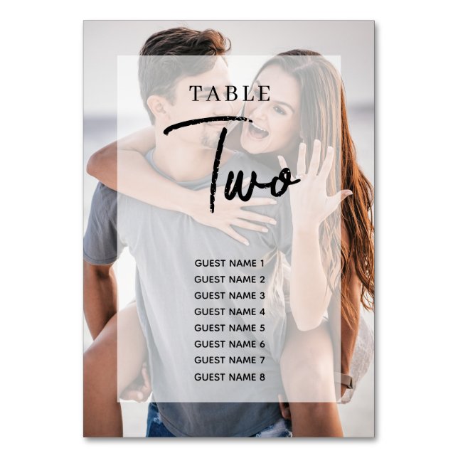 Simple 2 Photo Overlay Wedding Seating Chart Table Number (Front)