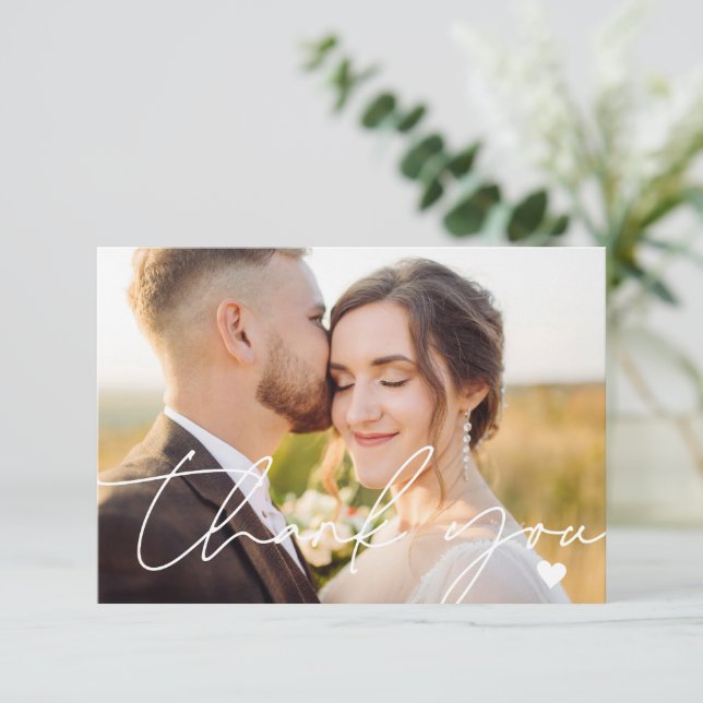 Simple 2 Photo Script Calligraphy Wedding Thank You Card (Standing Front)
