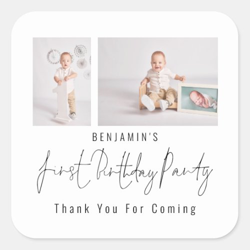 Simple 2 Photo Script First Birthday Party Thanks Square Sticker