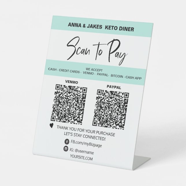 *~* SIMPLE - 2 QR PAYMENT -  Tabletop  Table Tent  Pedestal Sign (Front)