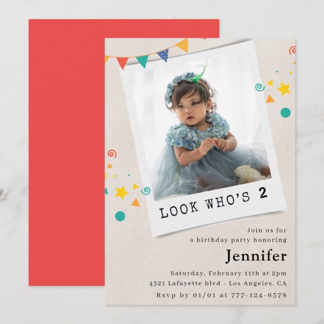 Simple 2nd birthday invitations Girl Photo (Front/Back)