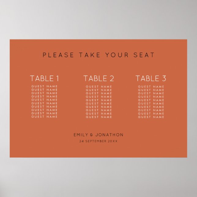 Simple 30 guests 3 tables Terracotta Seating Chart (Front)