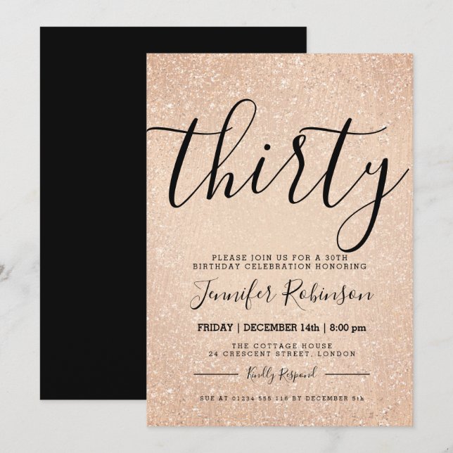 Simple 30th Birthday Rose Gold Glitter Paint Invitation (Front/Back)