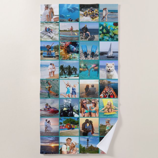 Simple 32 Square Photo Collage Custom Color Beach Towel (Front)