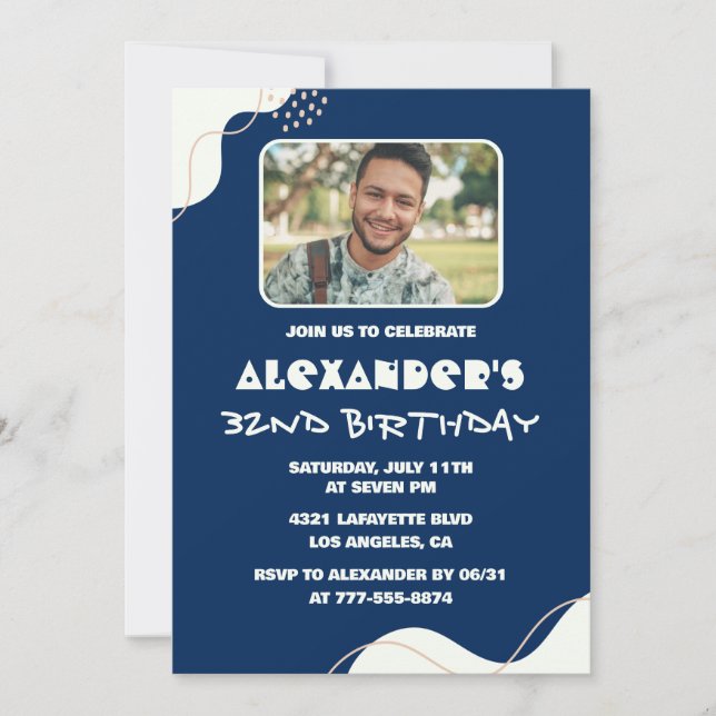 Simple 32nd birthday invitations Men Photo Navy (Front)