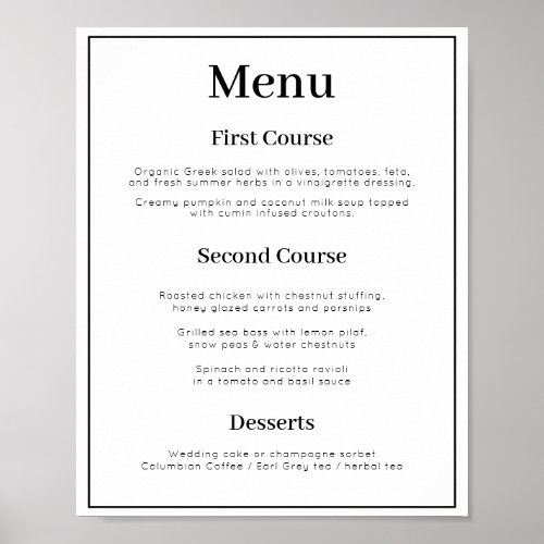 Simple 3 course Wedding Menu Poster