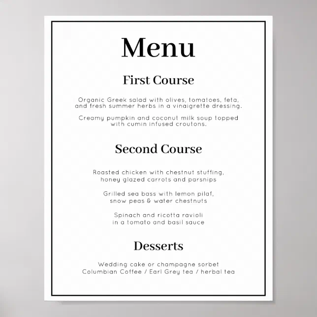 Simple 3 course Wedding Menu Poster | Zazzle