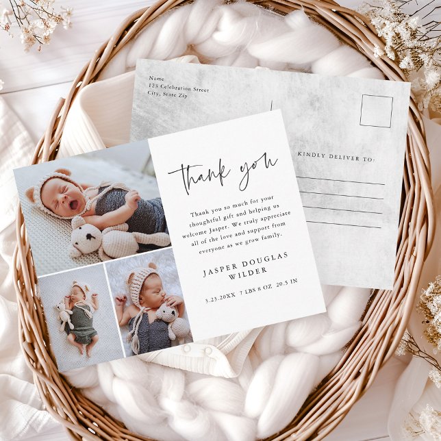 Simple 3 Photo Baby Announcement Thank You Card (Simple 3 photo collage baby announcement thank you postcard. )