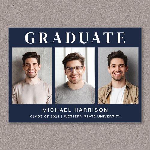 Simple 3 Photo Blue Graduation Announcement