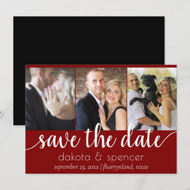Simple 3 Photo | Classic Dark Red White and Black Save The Date (Front/Back)