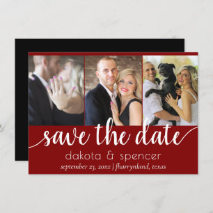 Simple 3 Photo Classic Dark Red White and Black Save The Date
