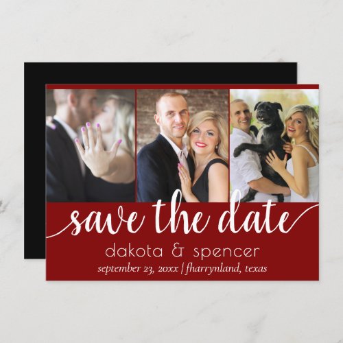Simple 3 Photo  Classic Dark Red White and Black Save The Date