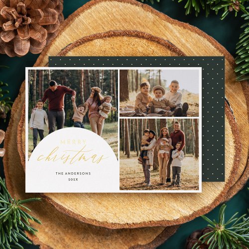 Simple 3 Photo Collage Arch Merry Christmas Photo  Foil Holiday Card