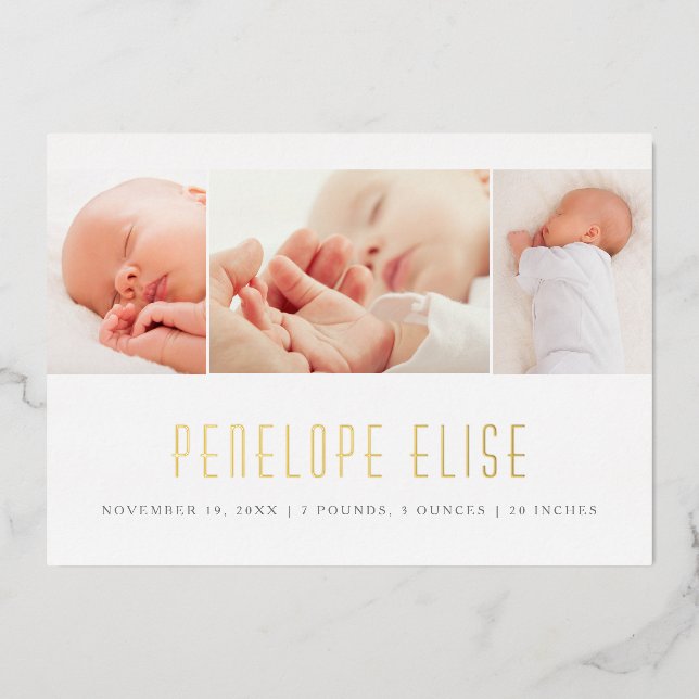 Simple 3 Photo Collage Baby Birth Annoucement Gold Foil Invitation (Front)