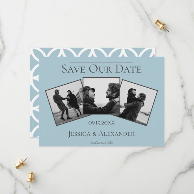 Simple 3 Photo Collage | Blue Save The Date (Front/Back In Situ)