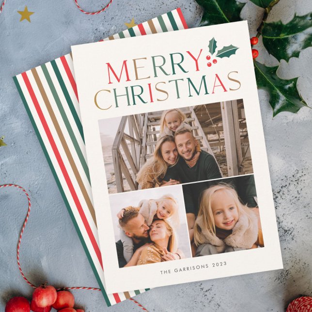 Simple 3 Photo Collage Colorful Merry Christmas Holiday Card (A Colorful Merry Christmas 3 Photo Collage Holiday Card with Holly Accent.)