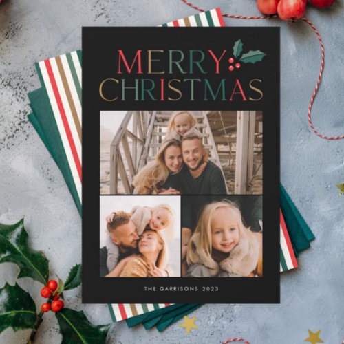 Simple 3 Photo Collage Colorful Merry Christmas Holiday Card