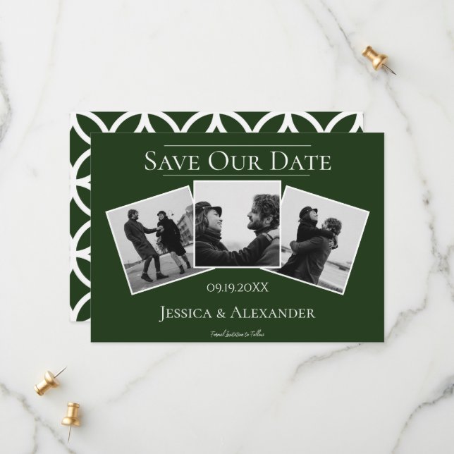 Simple 3 Photo Collage | Emerald Green Save The Date (Front/Back In Situ)