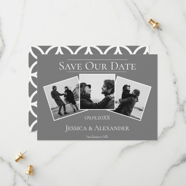 Simple 3 Photo Collage | Gray Save The Date (Front/Back In Situ)