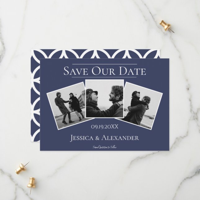 Simple 3 Photo Collage | Navy Save The Date (Front/Back In Situ)