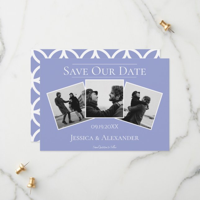 Simple 3 Photo Collage | Periwinkle Save The Date (Front/Back In Situ)