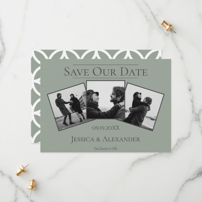 Simple 3 Photo Collage | Sage Green Save The Date (Front/Back In Situ)