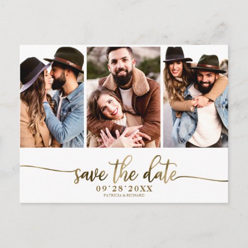 Simple 3 Photo Collage Wedding Save The Date Postcard