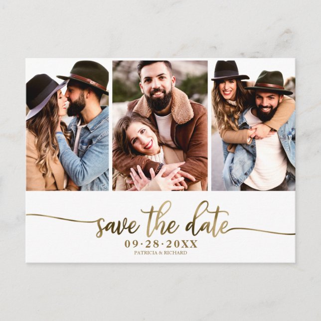 Simple 3 Photo Collage Wedding Save The Date Postcard (Front)