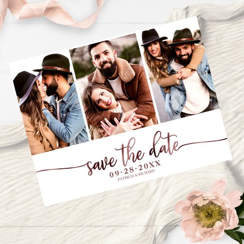 Simple 3 Photo Collage Wedding Save The Date Postcard