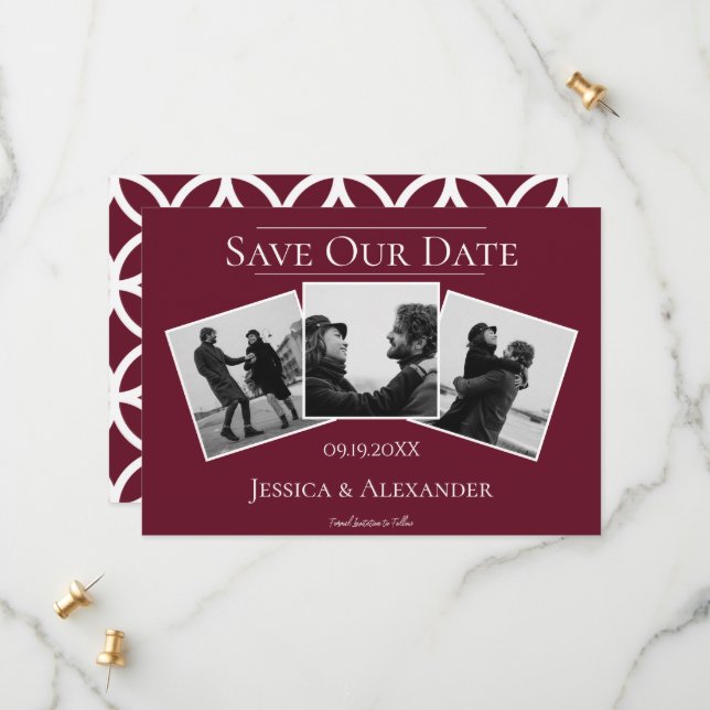 Simple 3 Photo Collage | Wine Red Save The Date (Front/Back In Situ)