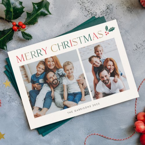 Simple 3 Photo Colorful Merry Christmas Holiday Card