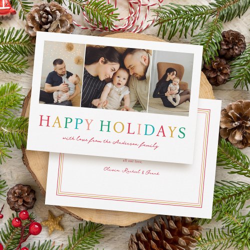 Simple 3 Photo Colorful Typography Happy Holidays Holiday Card
