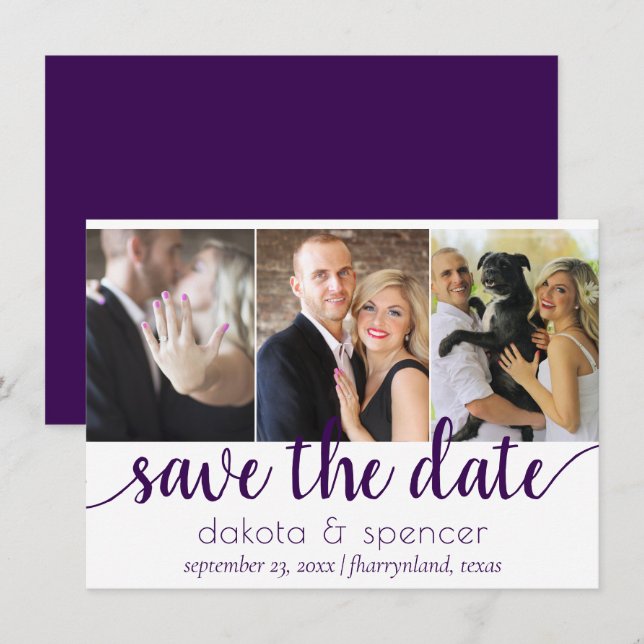 Simple 3-Photo | Royal Purple Flourish Script Save The Date (Front/Back)