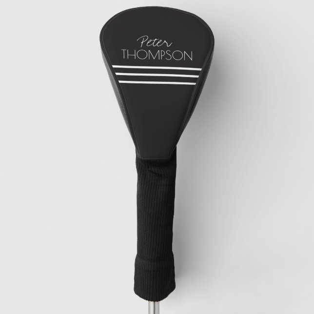 Simple 3 Stripes Name Black Golf Head Cover (Front)