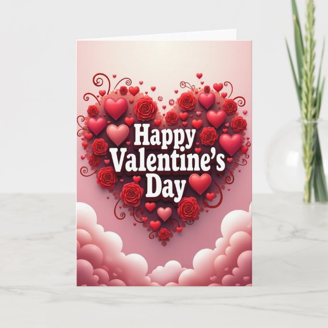 Simple 3D Hearts Roses Valentines Card (Front)