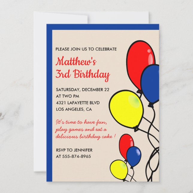 Simple 3rd birthday invitations Balloons Boy (Front)