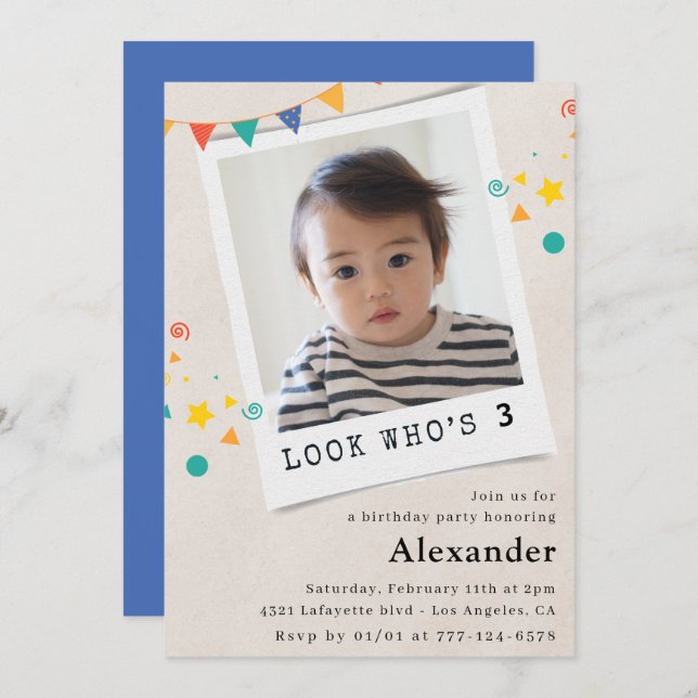 Simple 3rd birthday invitations Blue Photo (Front/Back)