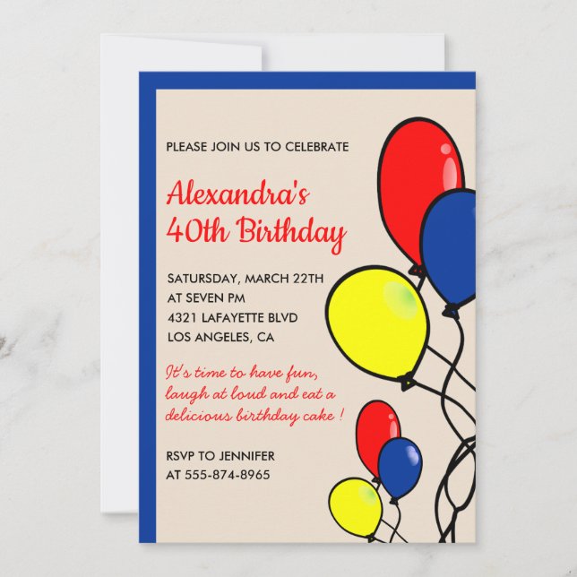 Simple 40th birthday invitations Balloons (Front)
