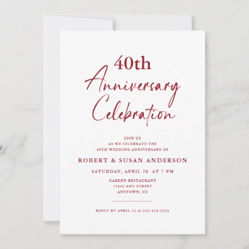 Simple 40th Wedding Anniversary Ruby Red  Invitation