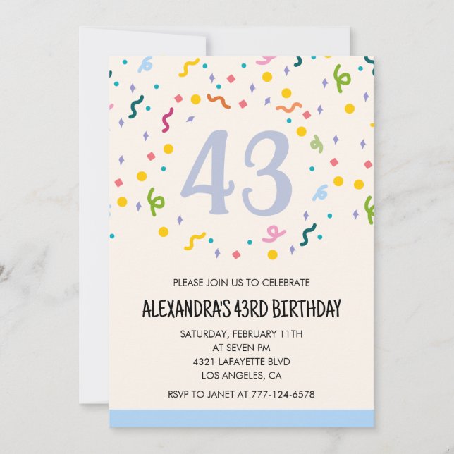 Simple 43rd birthday invitations Confetti Modern (Front)