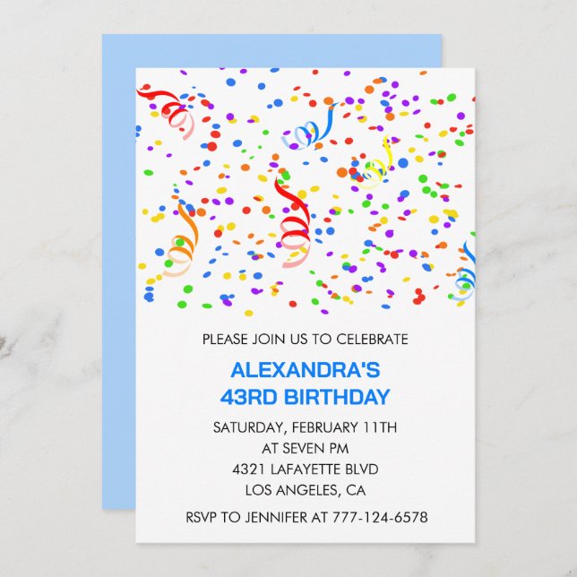 Simple 43rd birthday invitations Confetti Rainbow (Front/Back)