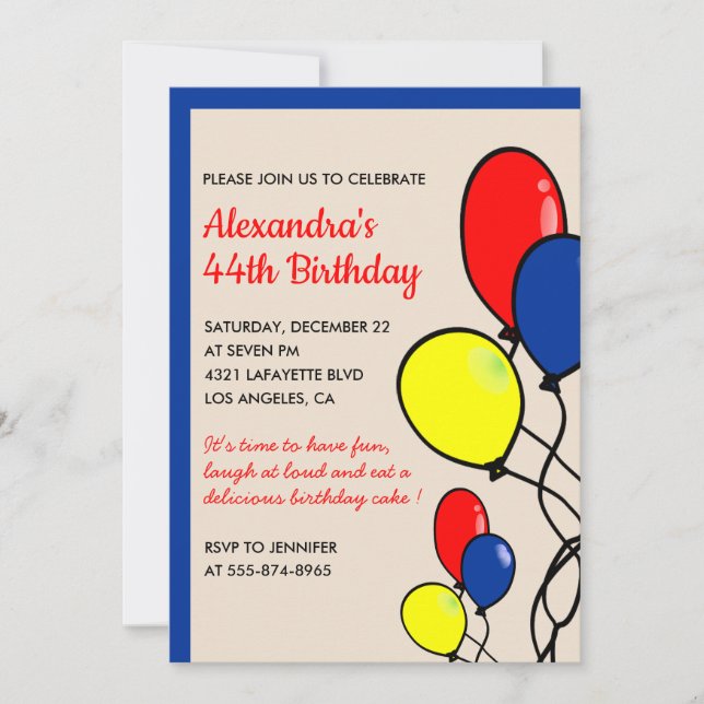 Simple 44th birthday invitations Balloons (Front)