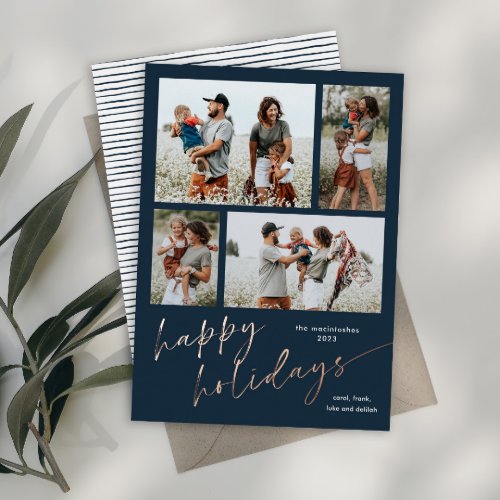 Simple 4 Photo Collage Script Happy Holidays Foil Holiday Card
